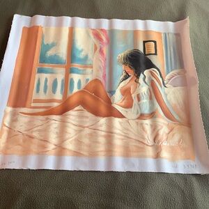 Beautiful woman on bed original oil painting.  Approximately 20” x 16 1/4”